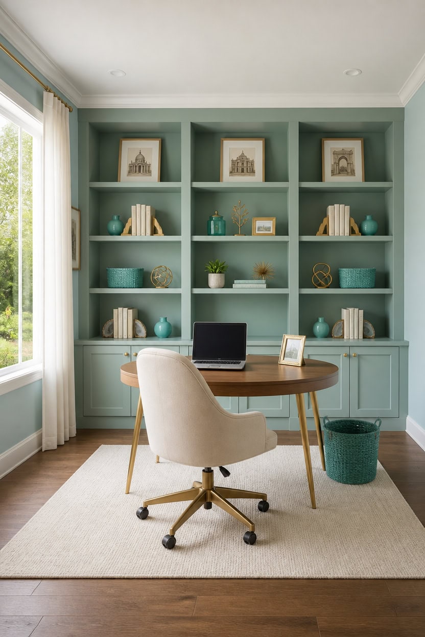 Cozy home office with built-in teal shelves, desk, and comfortable chair.