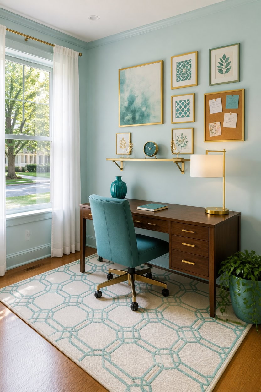 Bright home office with a wooden desk, teal chair, and wall art.