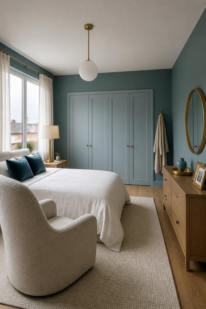 Elegant bedroom with blue walls, white bed, and wooden furniture.