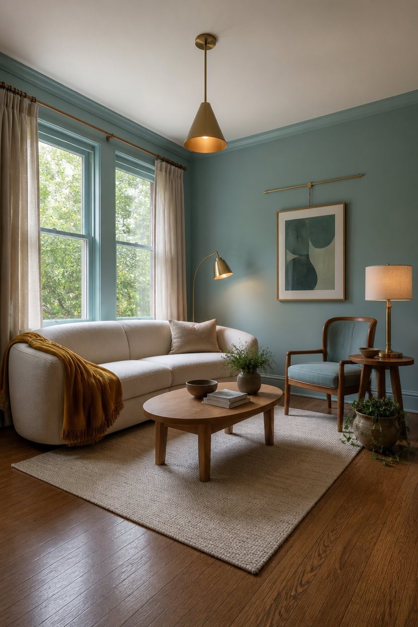 Bright living room with blue walls, large windows, and modern furniture.