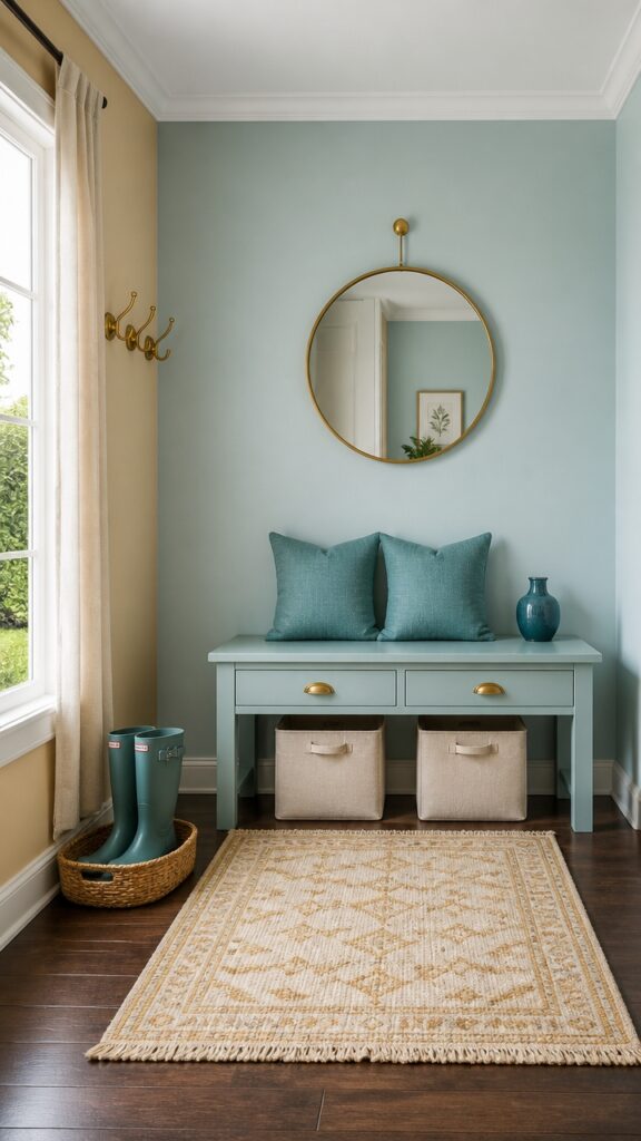 A Turquoise and Gold Mudroom That Announces Itself Before You Even Open the Door