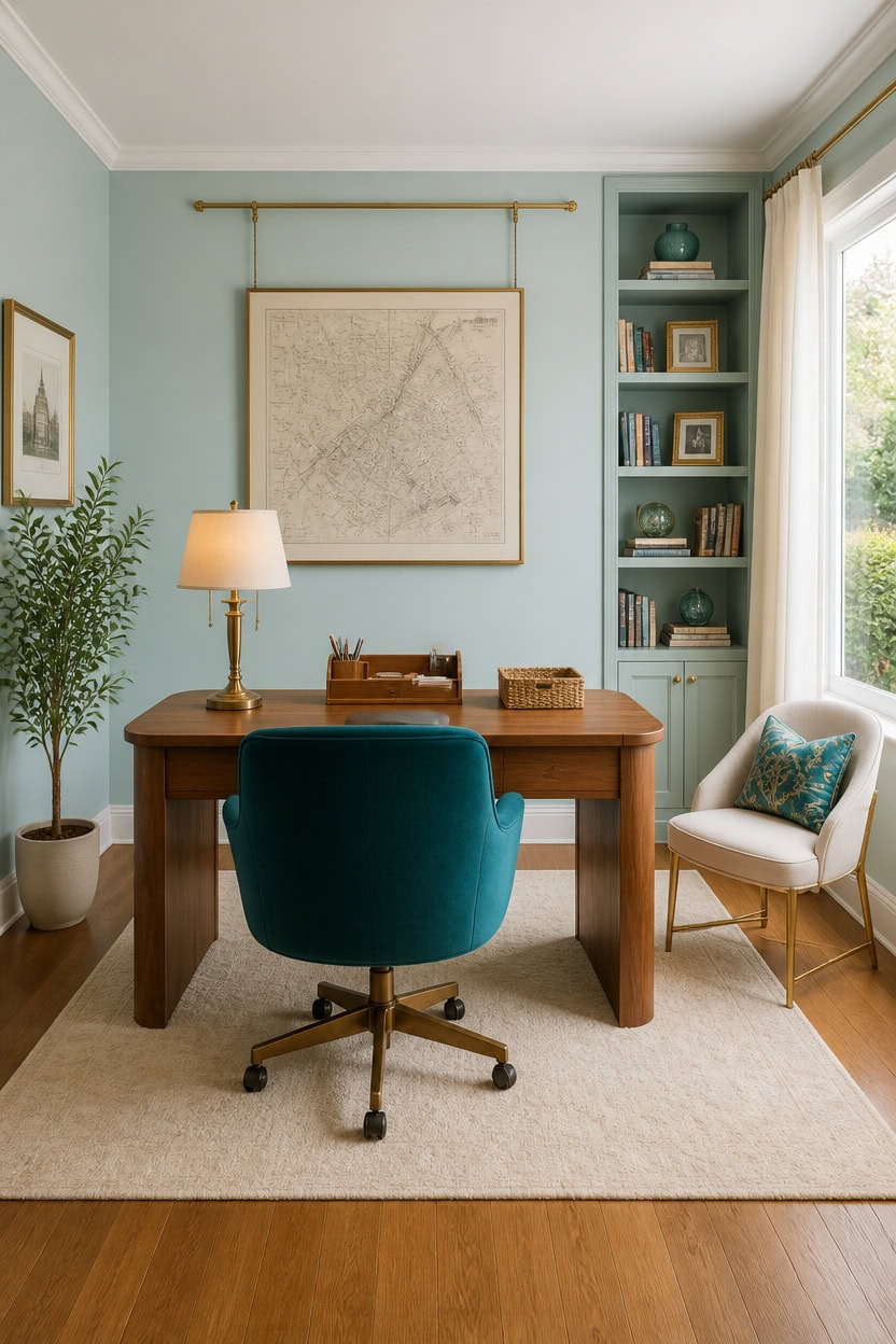 Bright home office with wooden desk, teal chair, and built-in bookshelf.