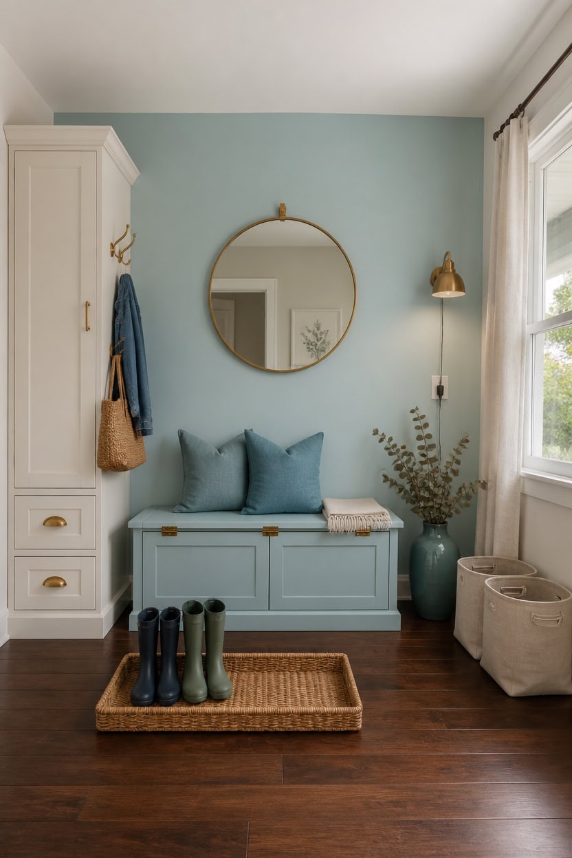 Charming entryway with blue bench, mirror, and decorative plants.