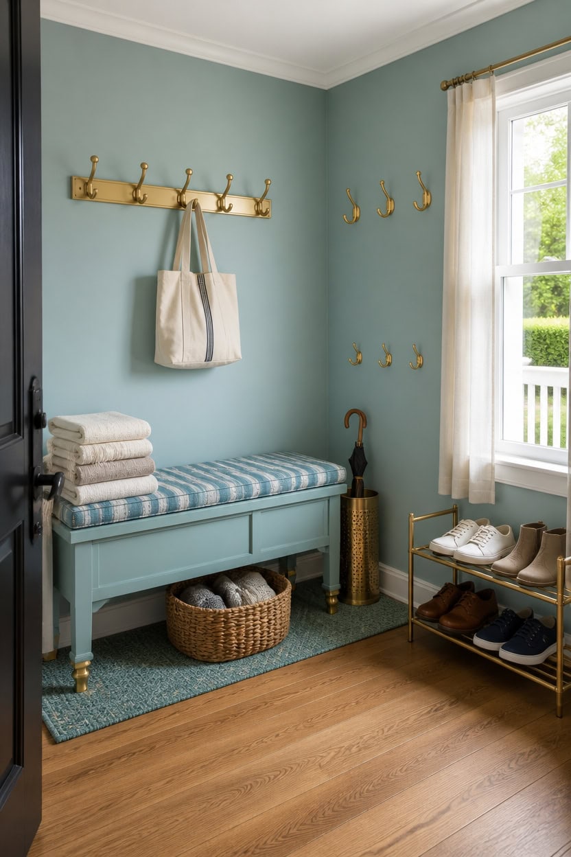 Bright entryway with hooks, shoe rack, and window view in apartment.
