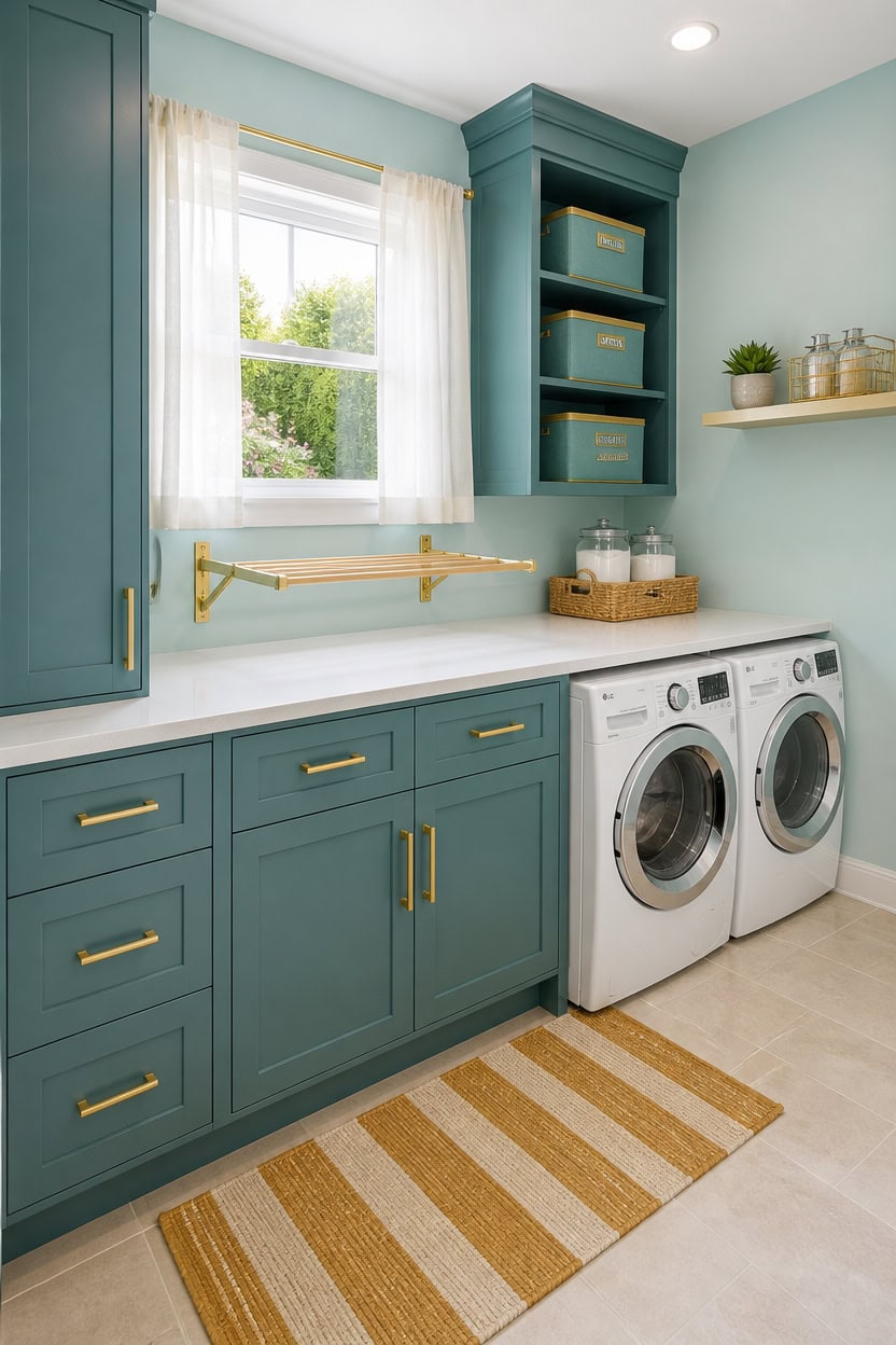 Bright laundry room with blue cabinets, washer, dryer, and window view.