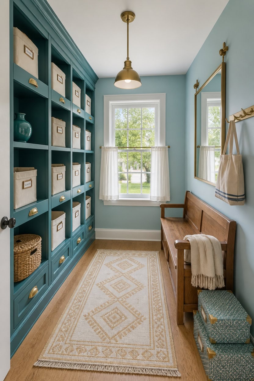 Bright mudroom with blue built-in storage, window, and wooden bench.