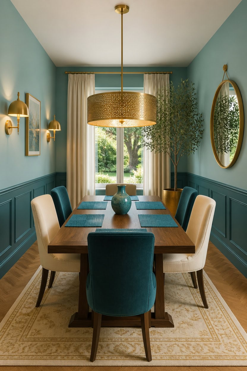 turquoise dining with chandelier
