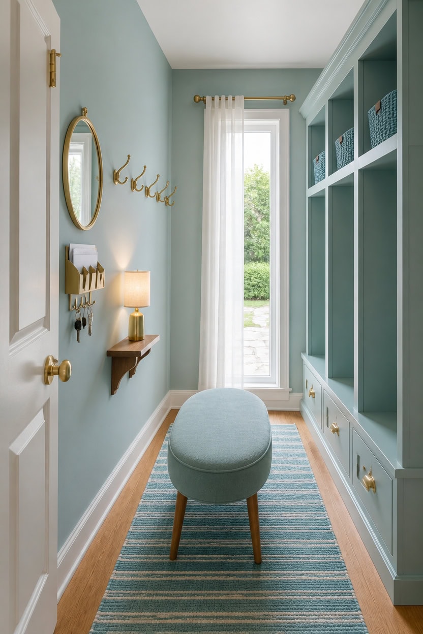 Bright mudroom with built-in shelves, a window, and a blue ottoman.