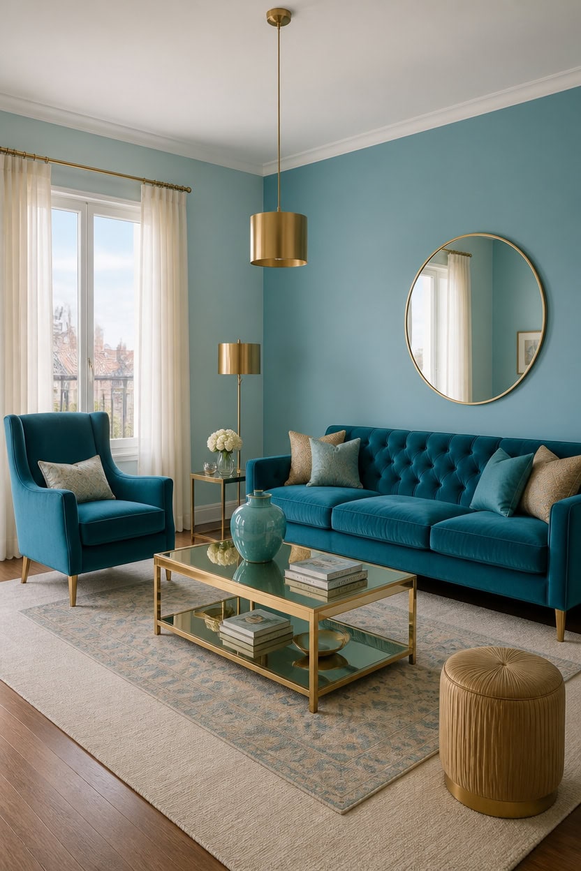 Elegant living room with blue sofa, armchair, and gold accents.