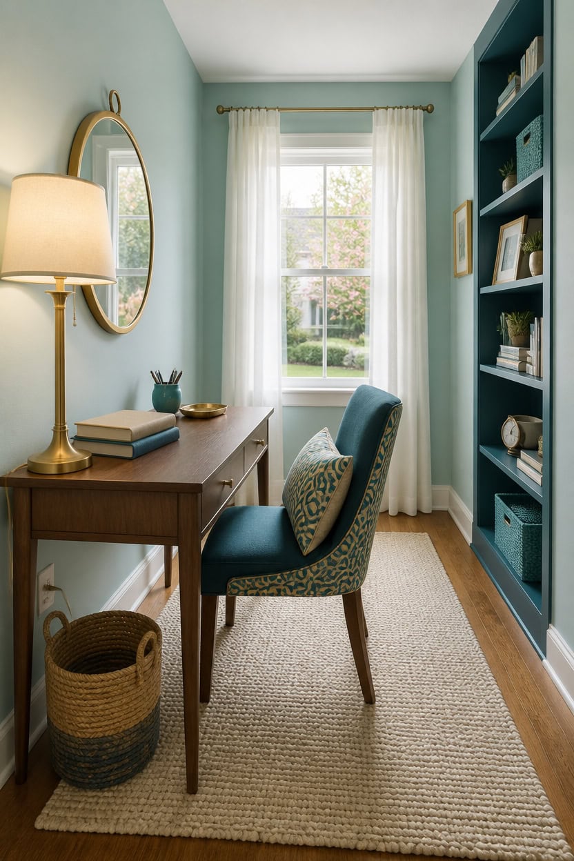 Bright home office with desk, chair, bookshelf, and window view.