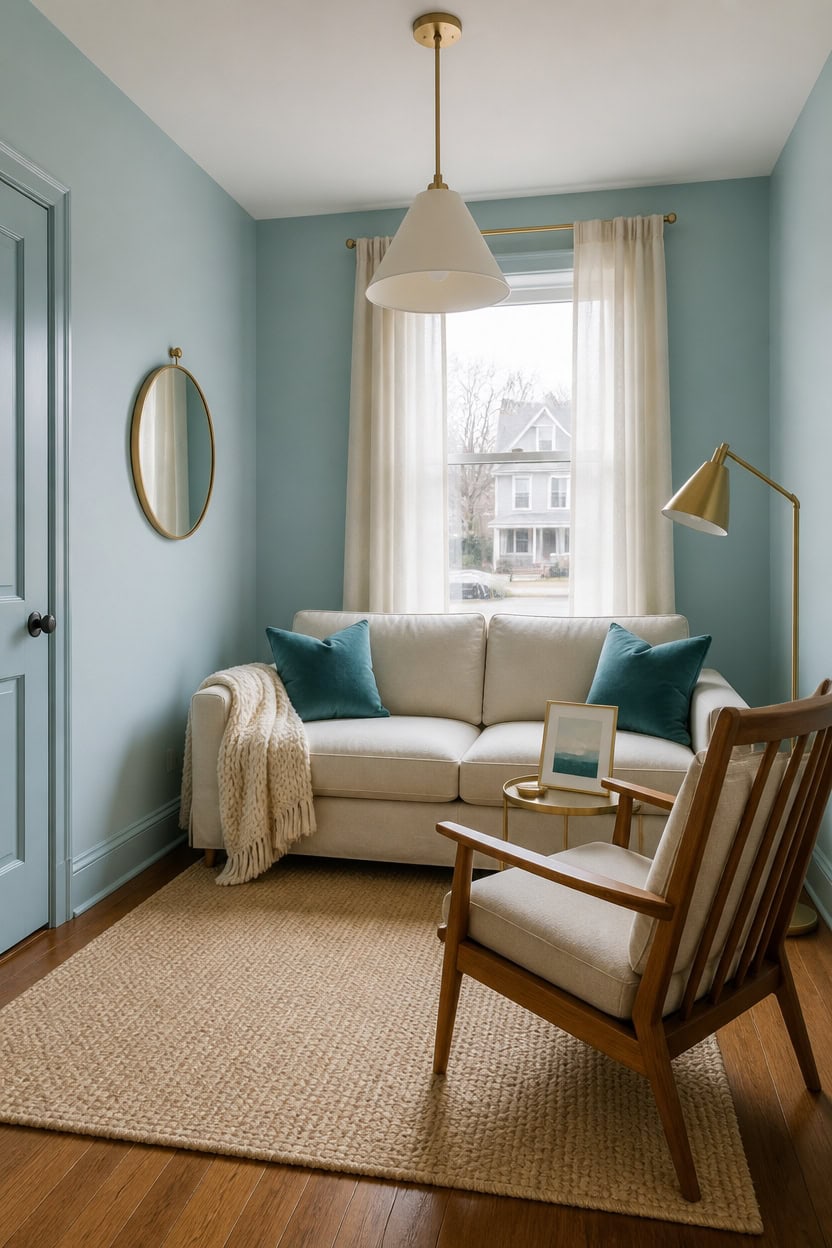Bright living room with cream sofa, wooden chair, and large window with curtains.