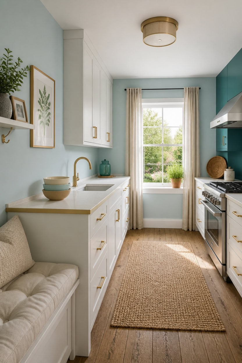 Bright kitchen with white cabinets, blue accent wall, and large window.