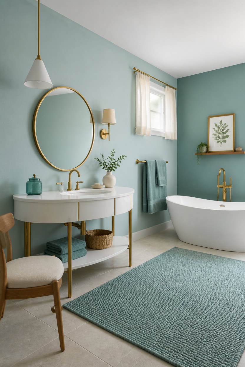 Elegant bathroom with bathtub, vanity, and natural light, featuring teal walls and gold accents.