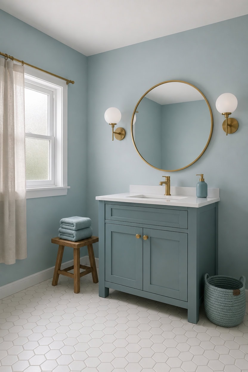 Bathroom with blue vanity, round mirror, and wall sconces.