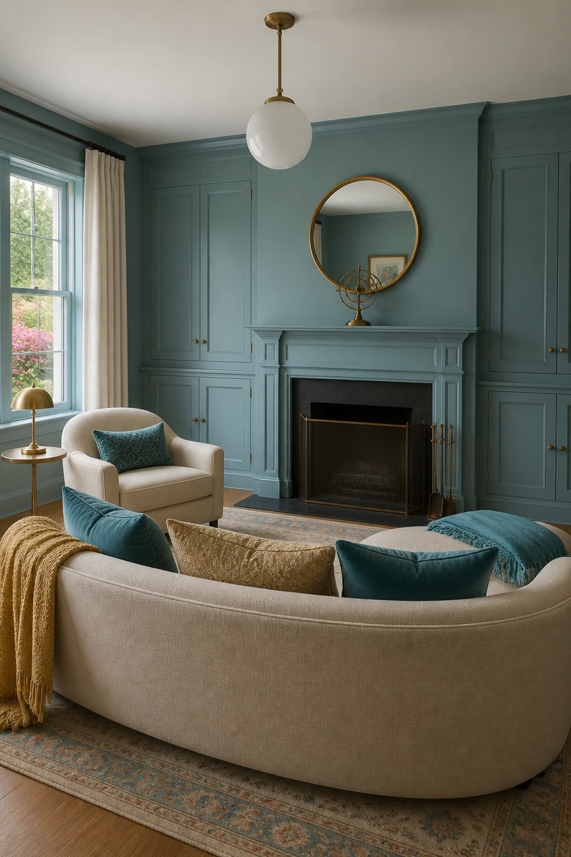 Stylish living room with blue wall panels, fireplace, and cozy seating area.