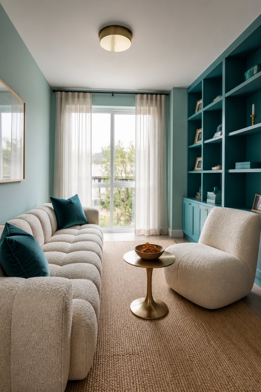 Bright living room with beige sofa, armchair, and teal bookshelf with decor.