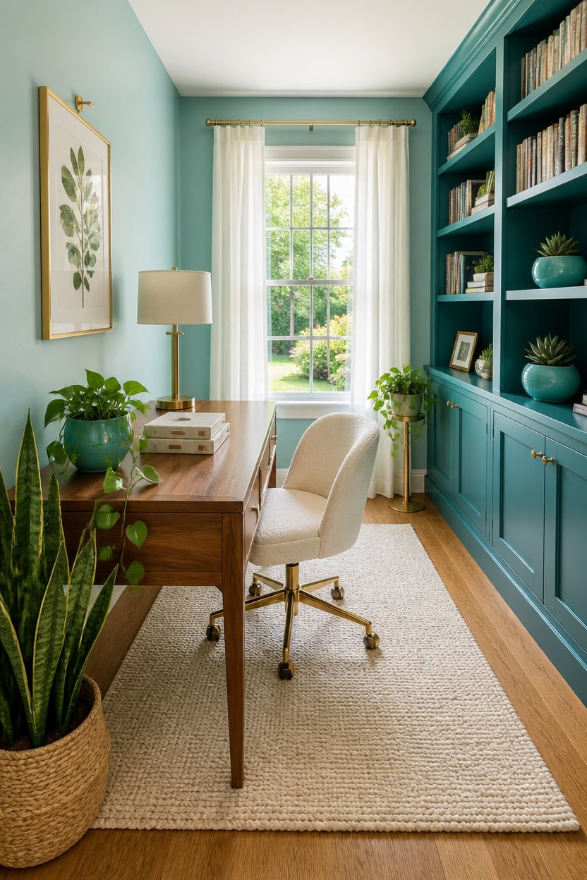 Cozy home office with blue bookshelves, desk, and natural light from window.