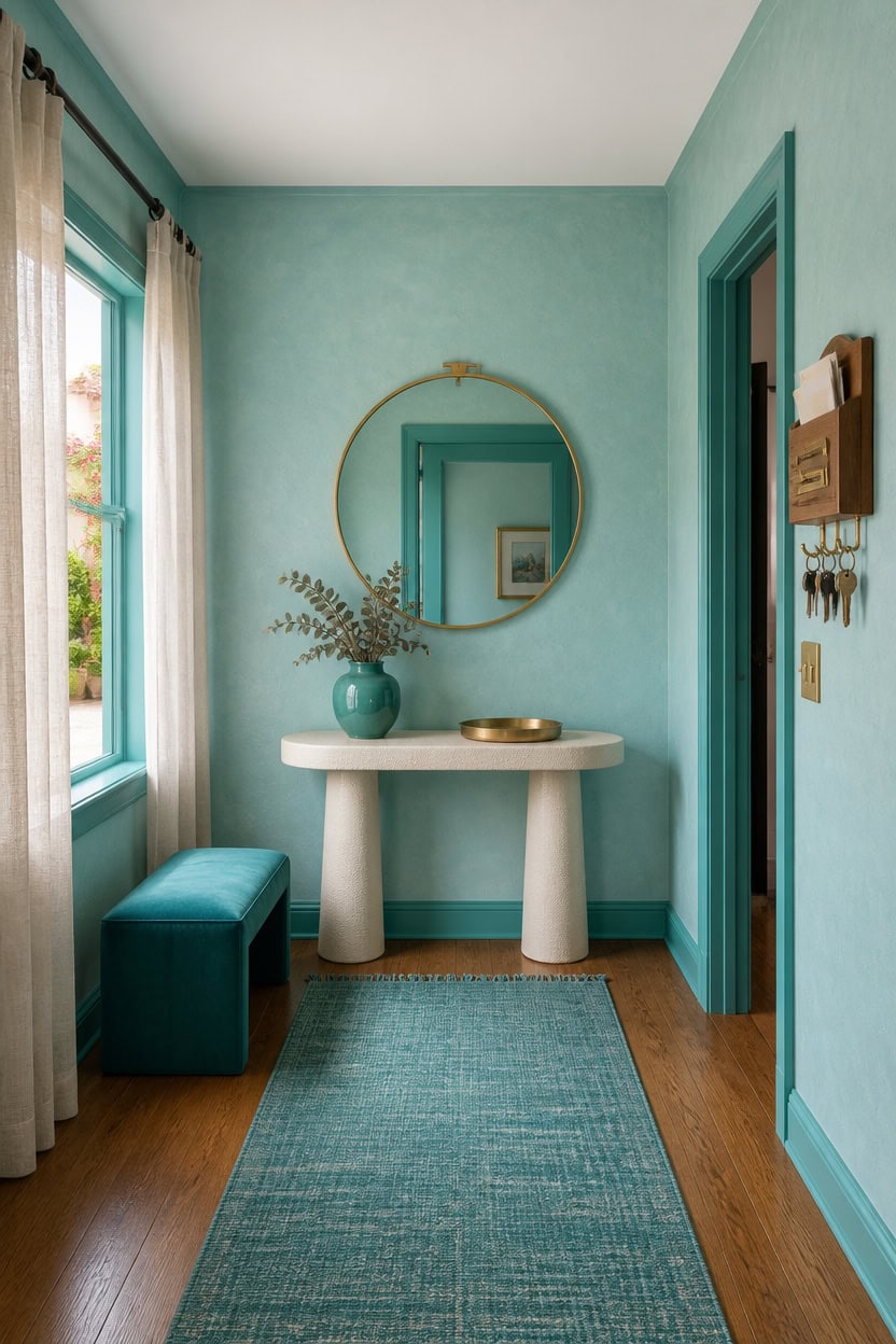 turquoise hallway trim and walls