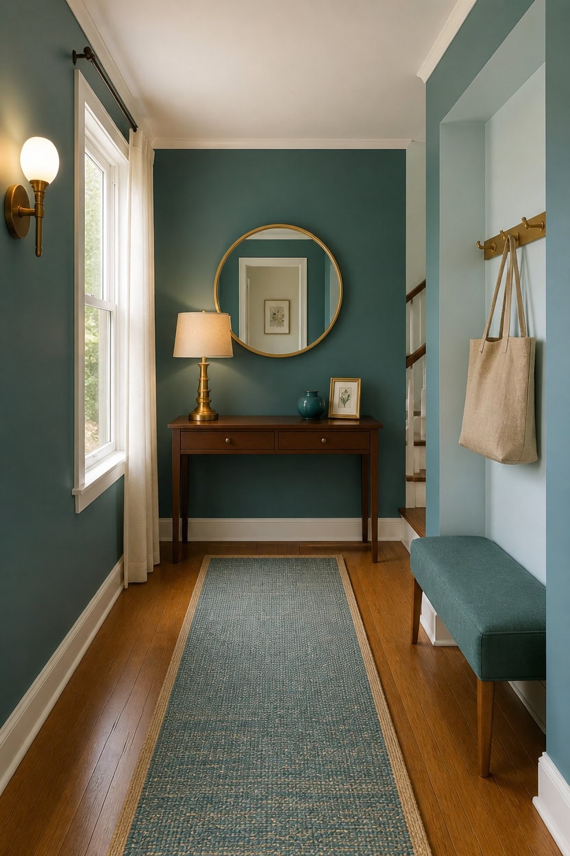 turquoise hallway warmed by brass