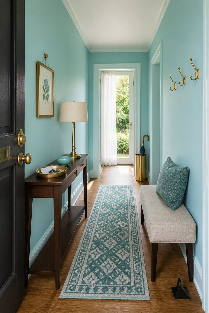 turquoise hallway with brass