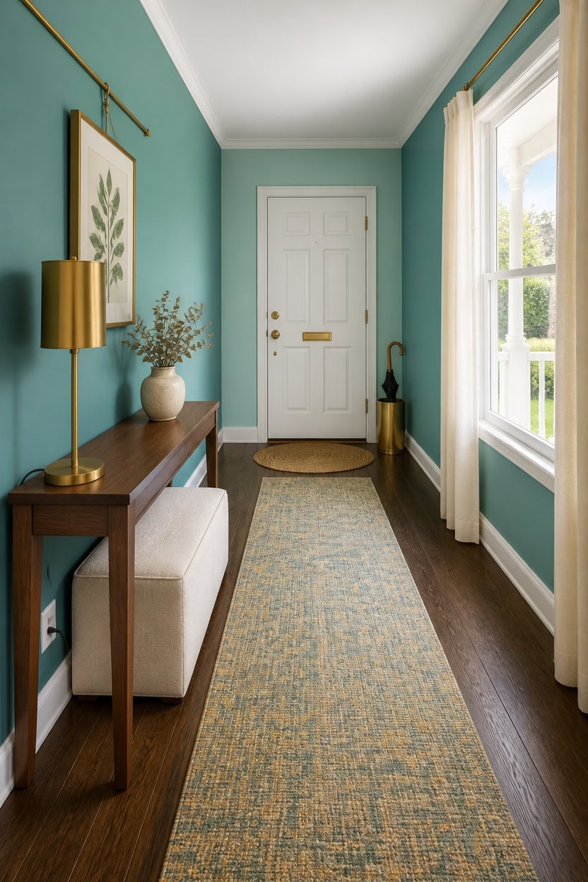 turquoise hallway with gold