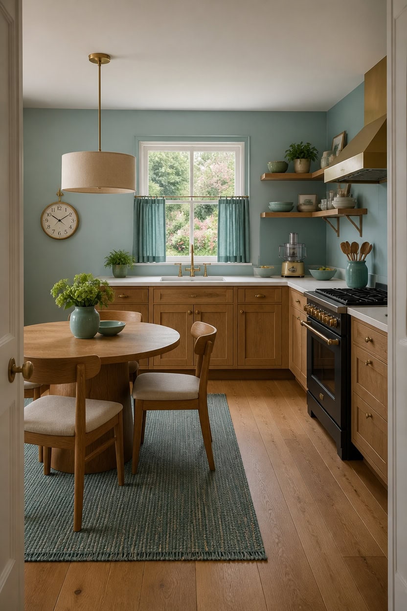 Bright kitchen with wooden cabinets, round dining table, and blue accents.