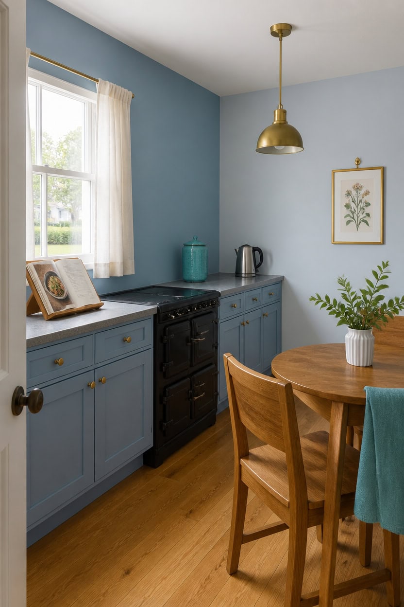 turquoise kitchen with woodwork