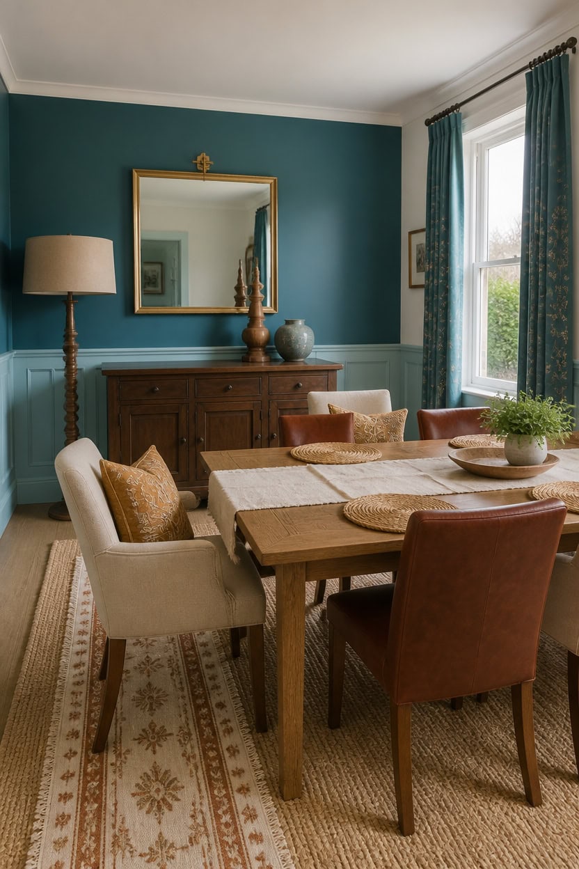 turquoise layered rugs and wood