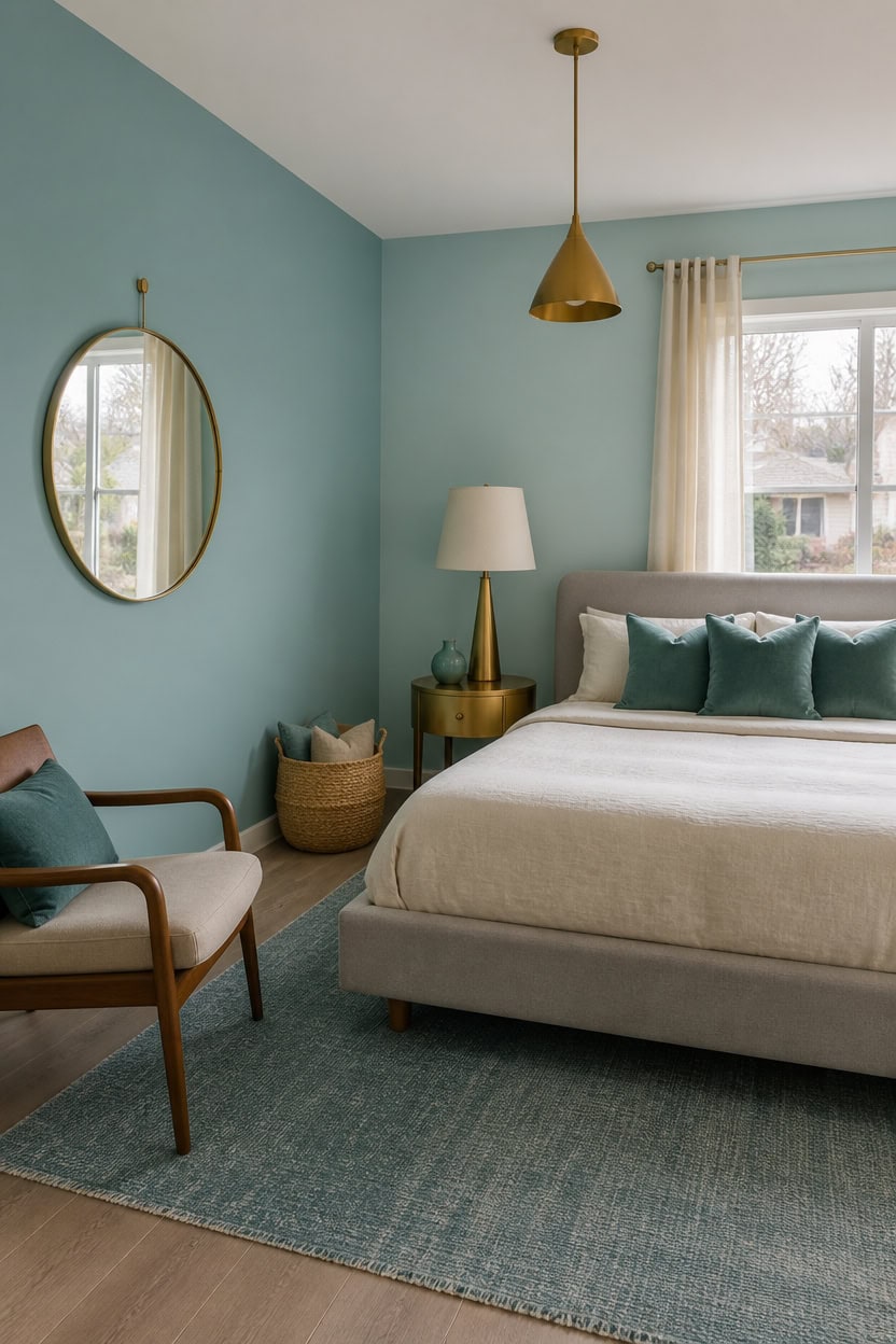 Cozy bedroom with a large bed, armchair, and natural light from window.