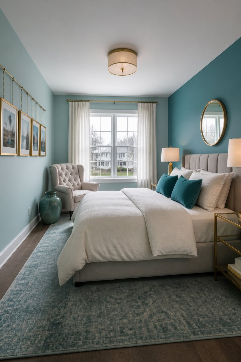 Bright bedroom with teal walls, white bed, and stylish decor.