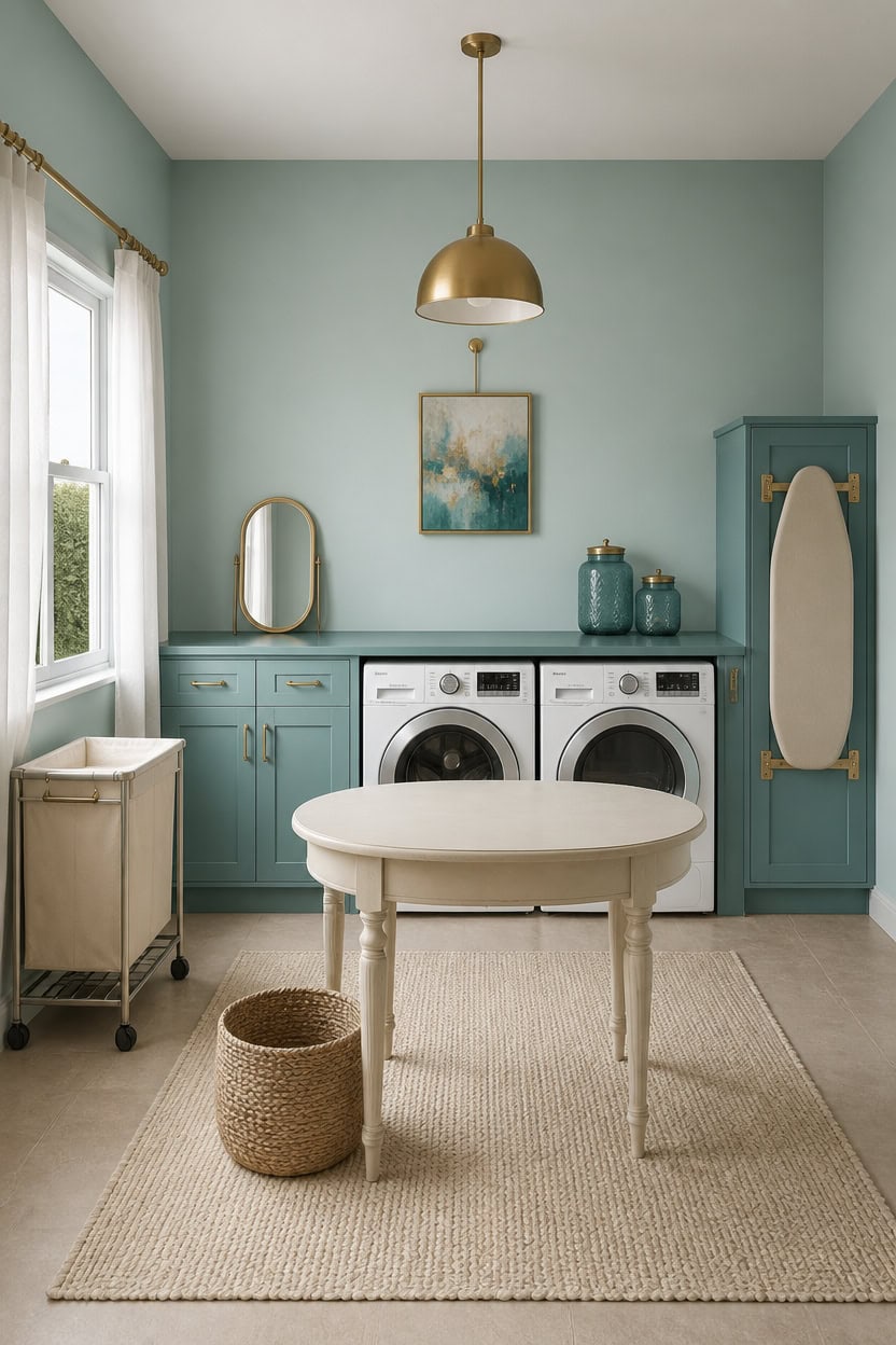 Bright laundry room with blue cabinets, washer, dryer, and decorative accents.