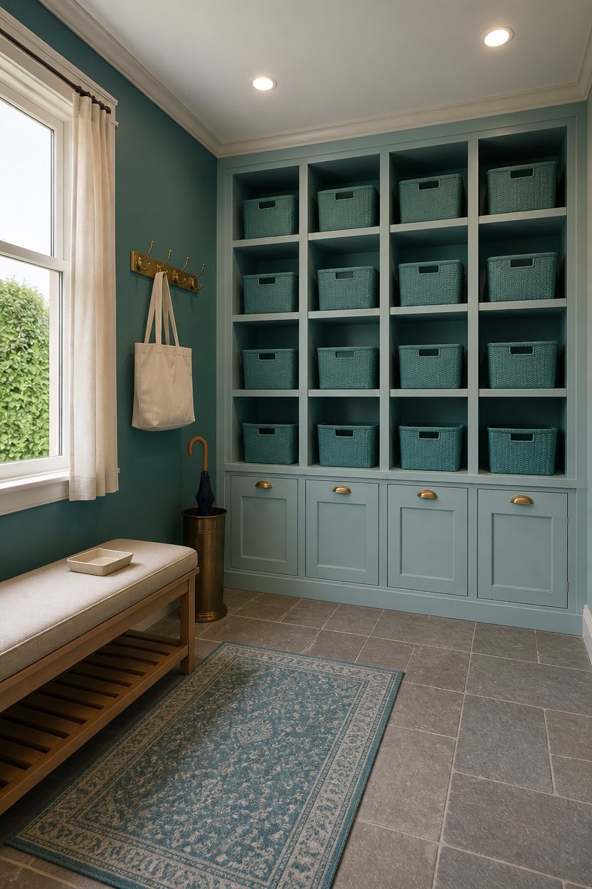 Modern apartment storage with teal cubbies and a window seat.