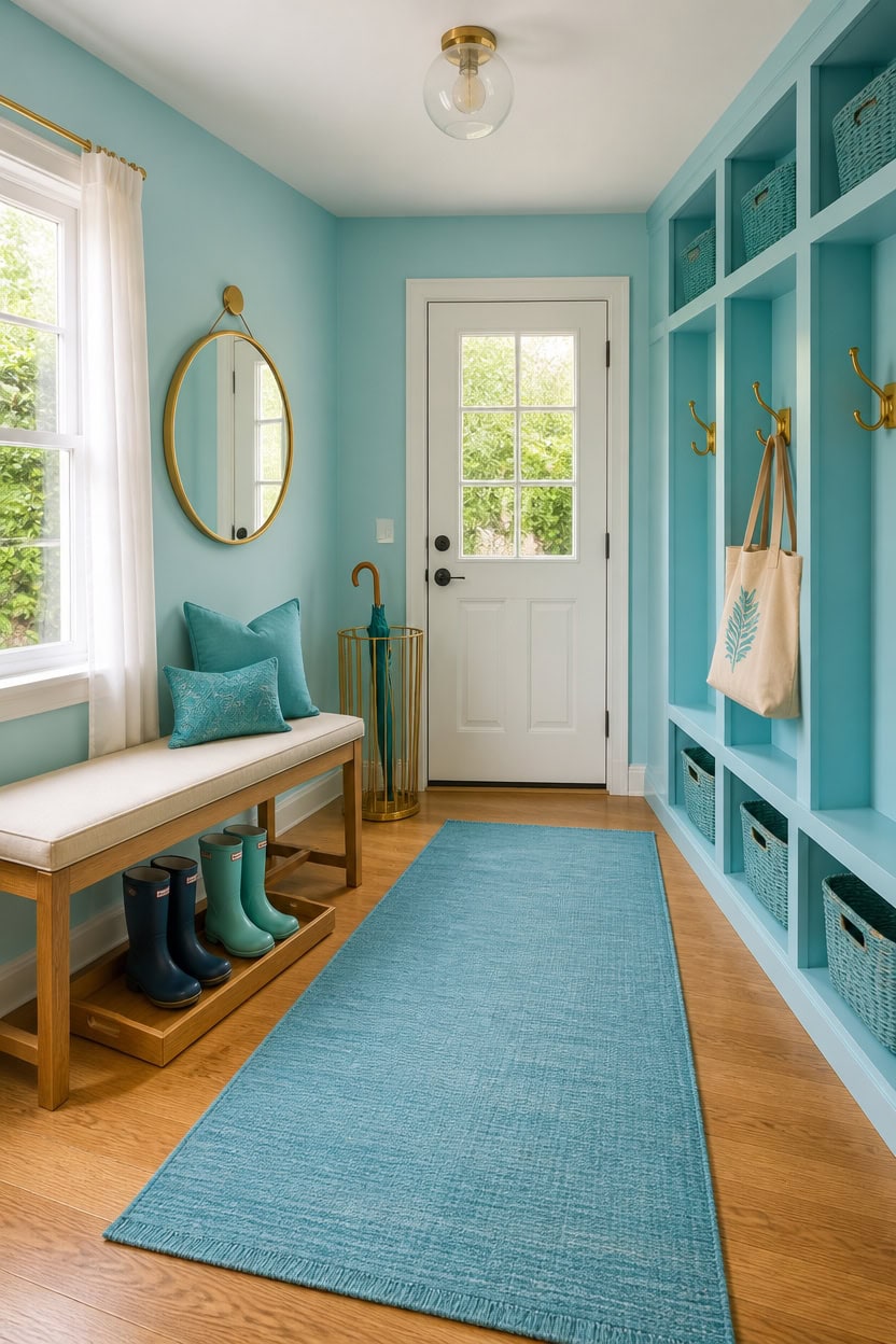 Colorful mudroom with blue built-in shelves and hooks.