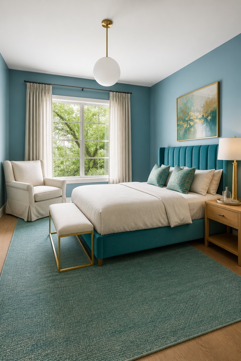Bright bedroom with blue walls, white curtains, and a large window overlooking greenery.