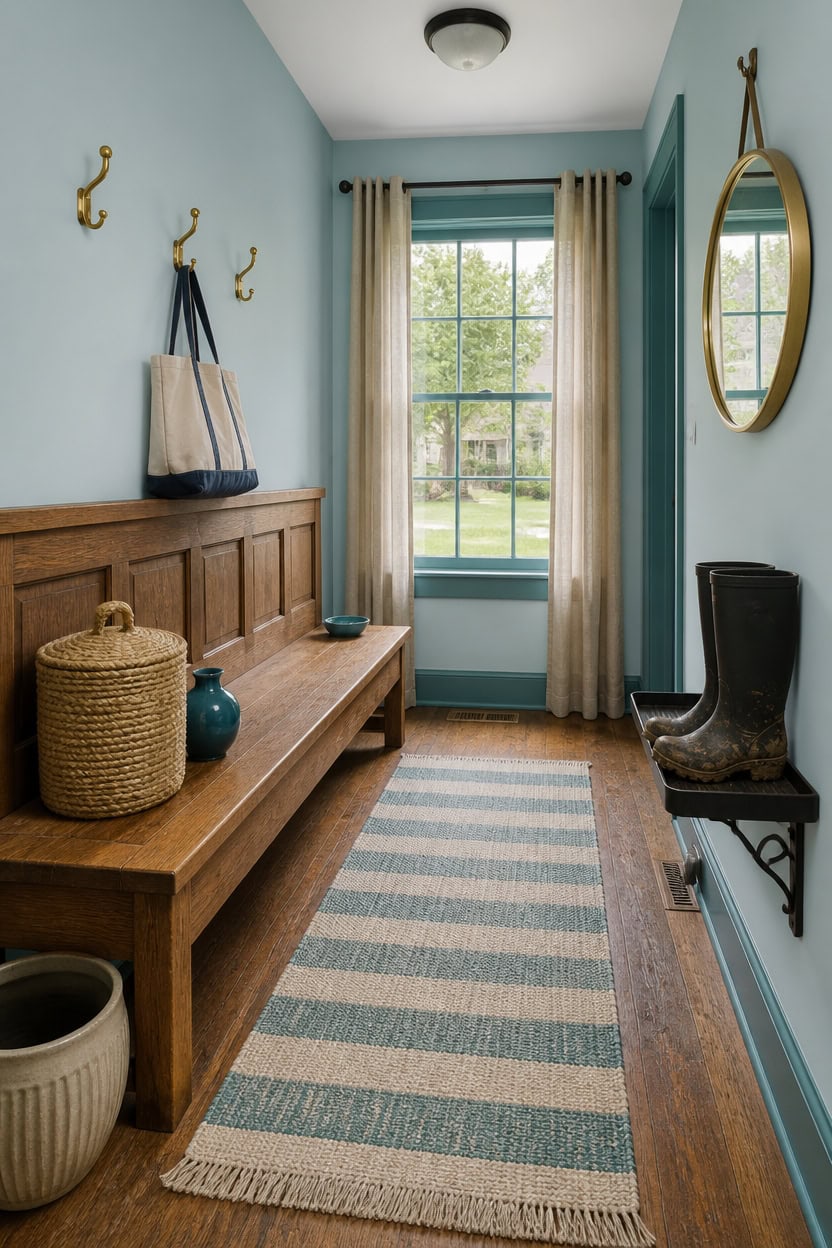 Cozy entryway with blue walls, wooden bench, and window view of greenery.