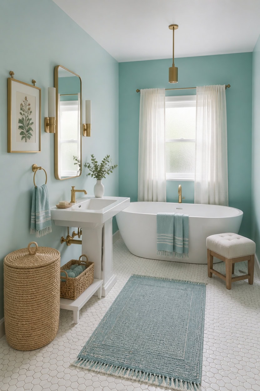 Bright bathroom with bathtub, vanity, and natural light, stylish decor and calming colors.