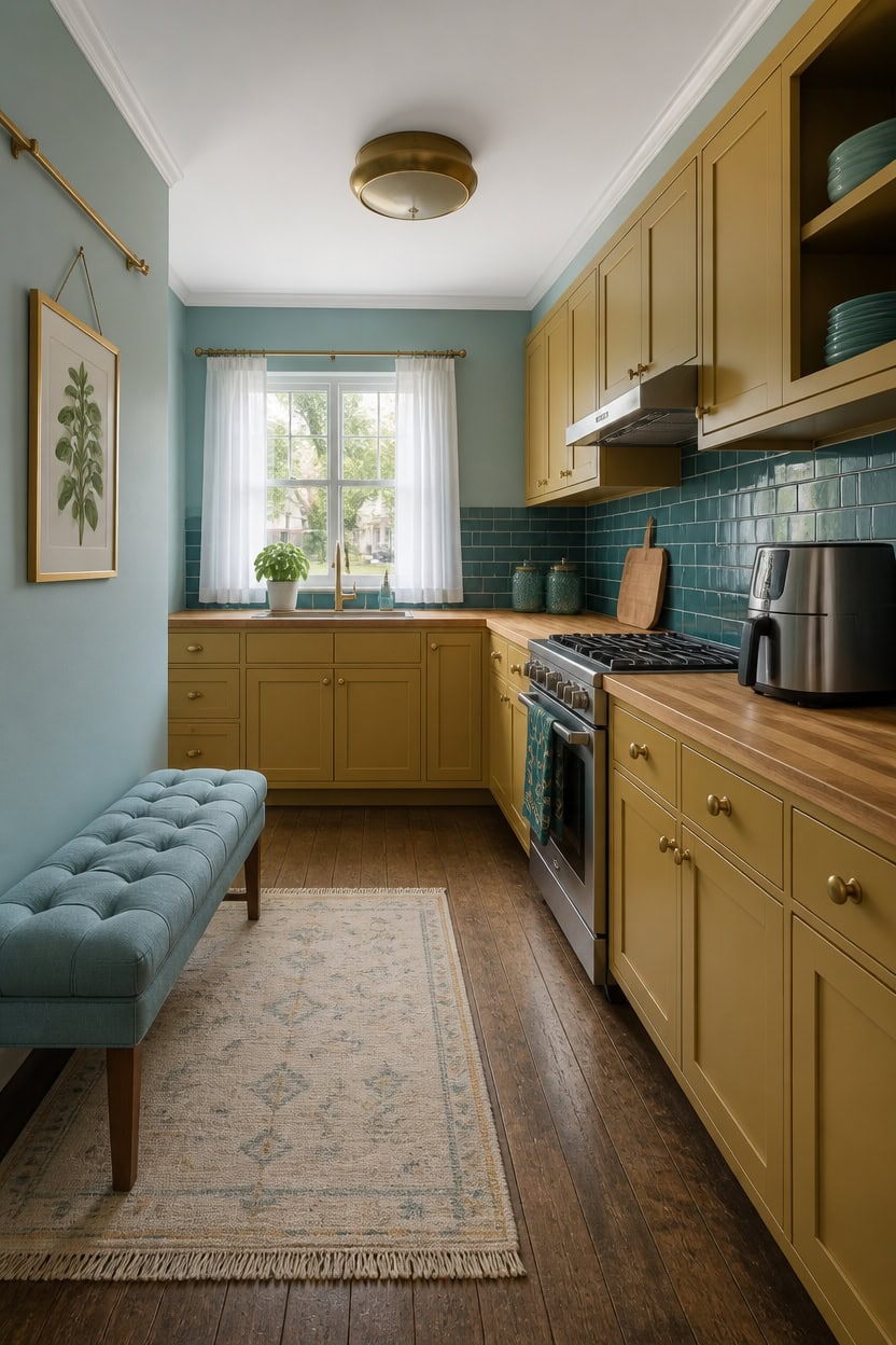 Bright kitchen with yellow cabinets, teal backsplash, and natural light from window.