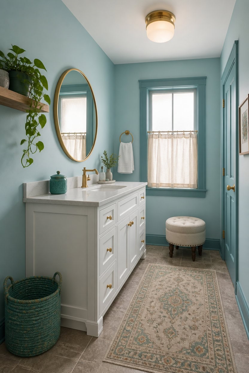 Bathroom with blue walls, white vanity, round mirror, and natural light from window.