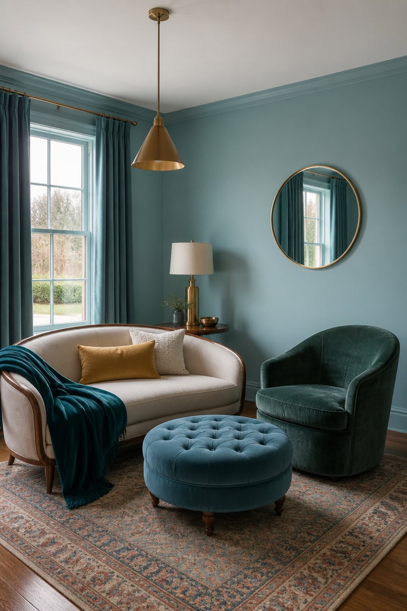 Stylish living room with blue walls, velvet armchair, and gold accents.
