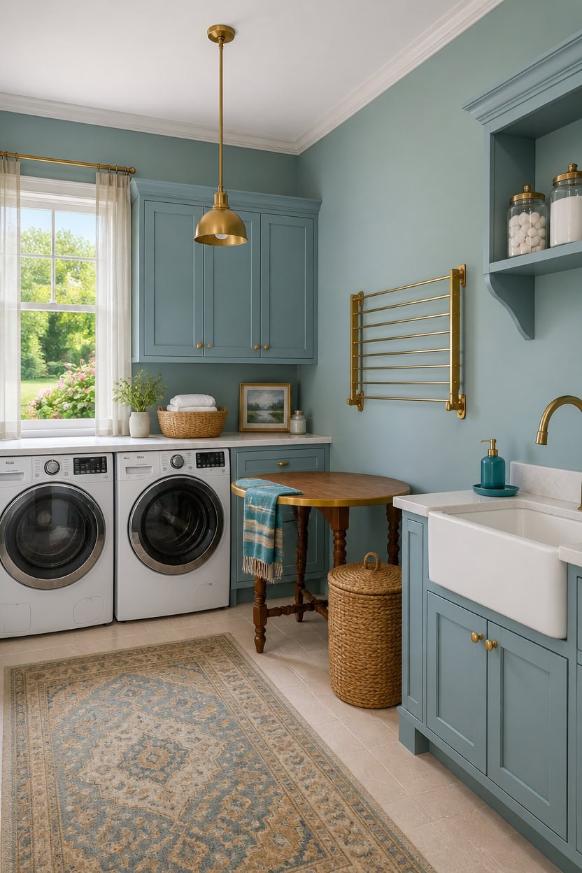 Bright laundry room with blue cabinets, washer, dryer, and decorative accents.