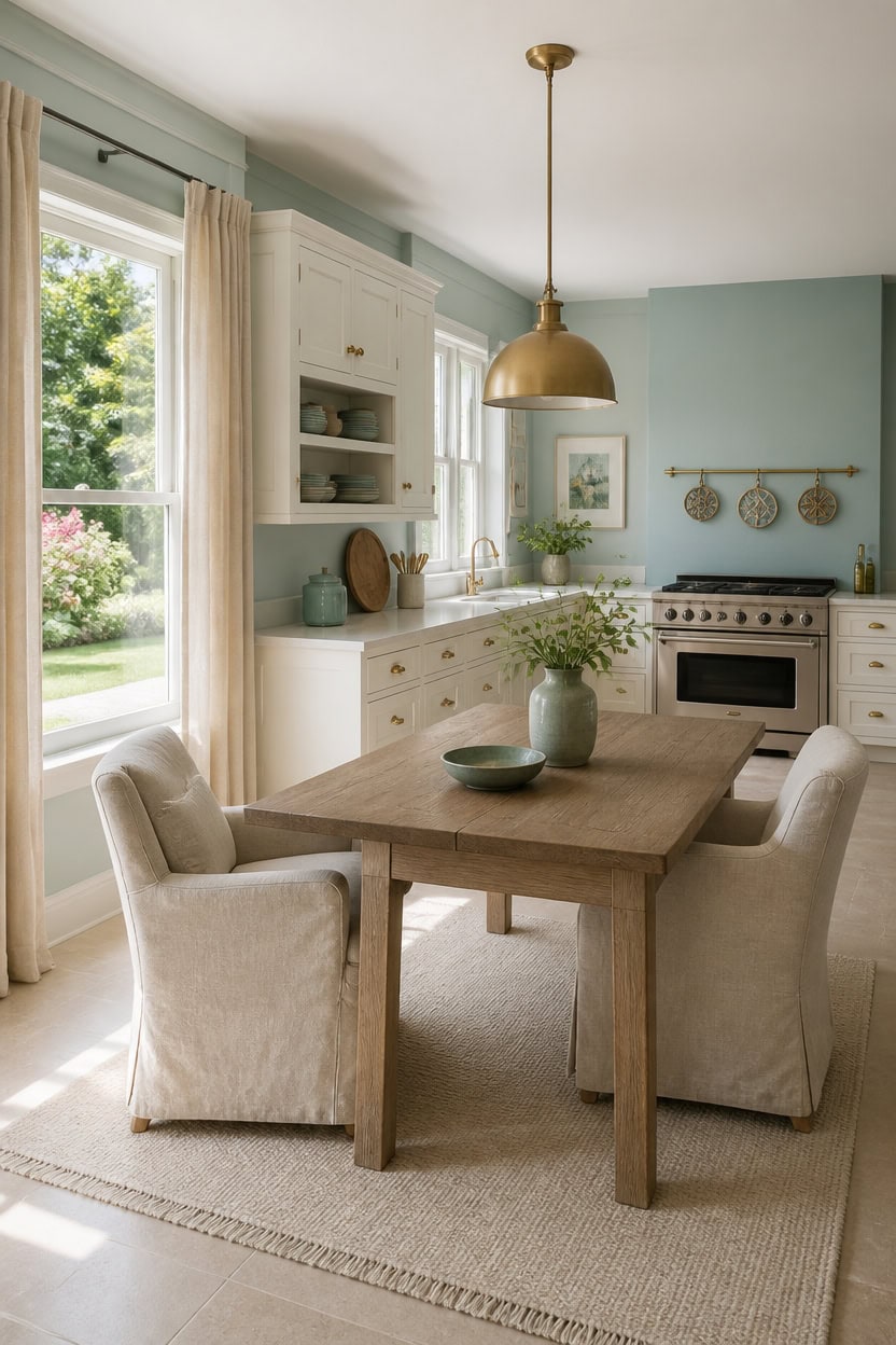 Sunny kitchen with white cabinets, wooden dining table, and beige chairs.