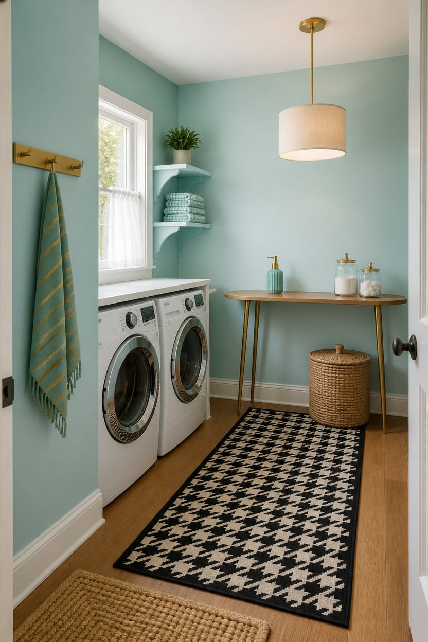 Laundry room with washer, shelves, and decorative accents in pastel blue.