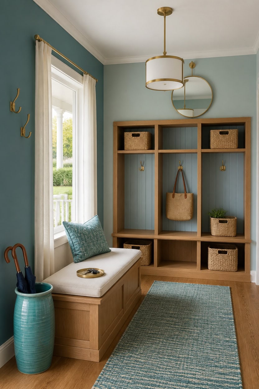 Bright entryway with wooden storage, window, and decorative accents.
