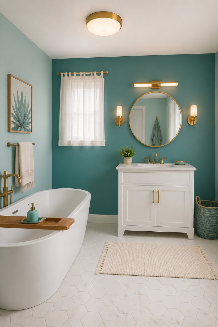 Elegant bathroom with teal walls, white vanity, and round mirror.