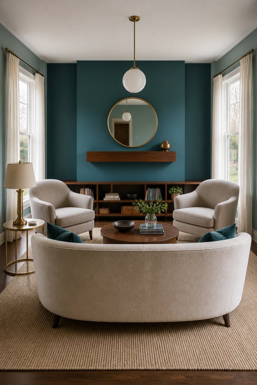 Modern living room with beige sofa, armchairs, and teal accent wall.
