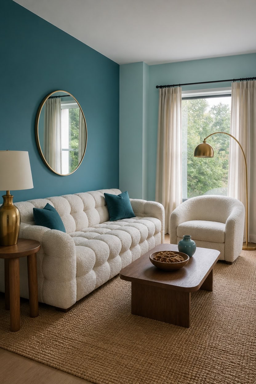 Bright living room with cream sofa, armchair, and large window with curtains.