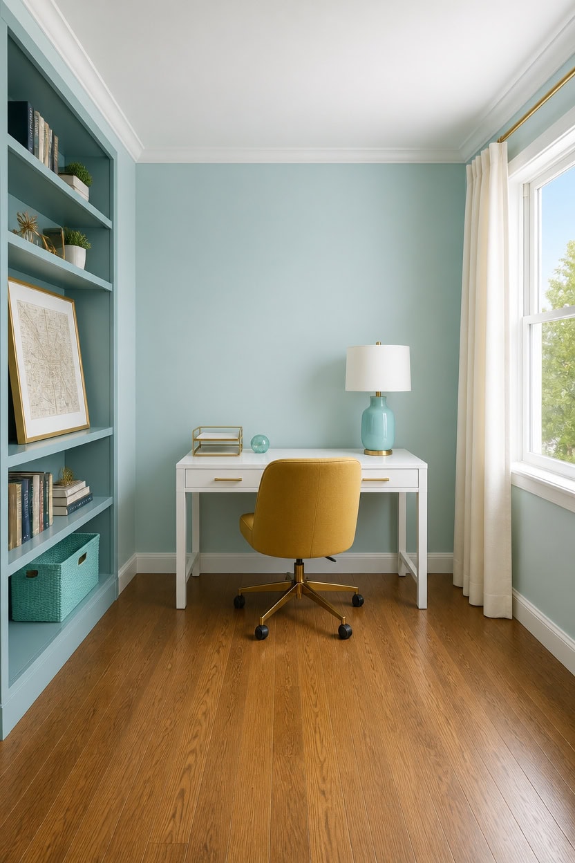 turquoise walls gold desk