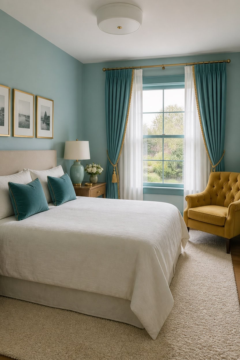 Bright bedroom with teal curtains, white bedding, and yellow armchair.