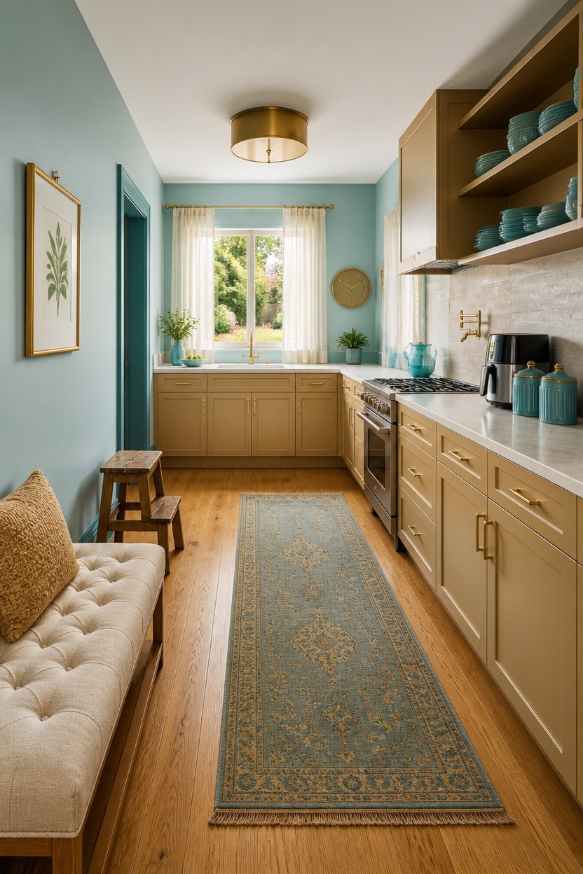 Bright kitchen with pastel blue walls, open shelving, and natural light.