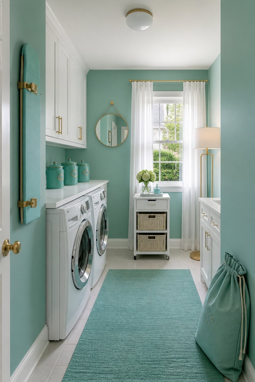 Bright laundry room with mint green walls, white cabinets, and natural light.